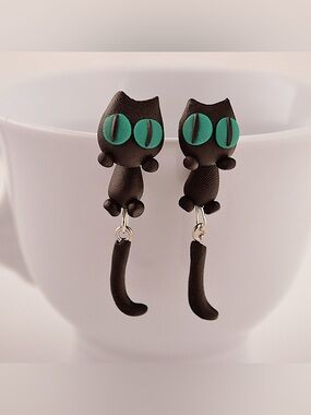 Adorable Black Cat Earrings with Teal Eyes